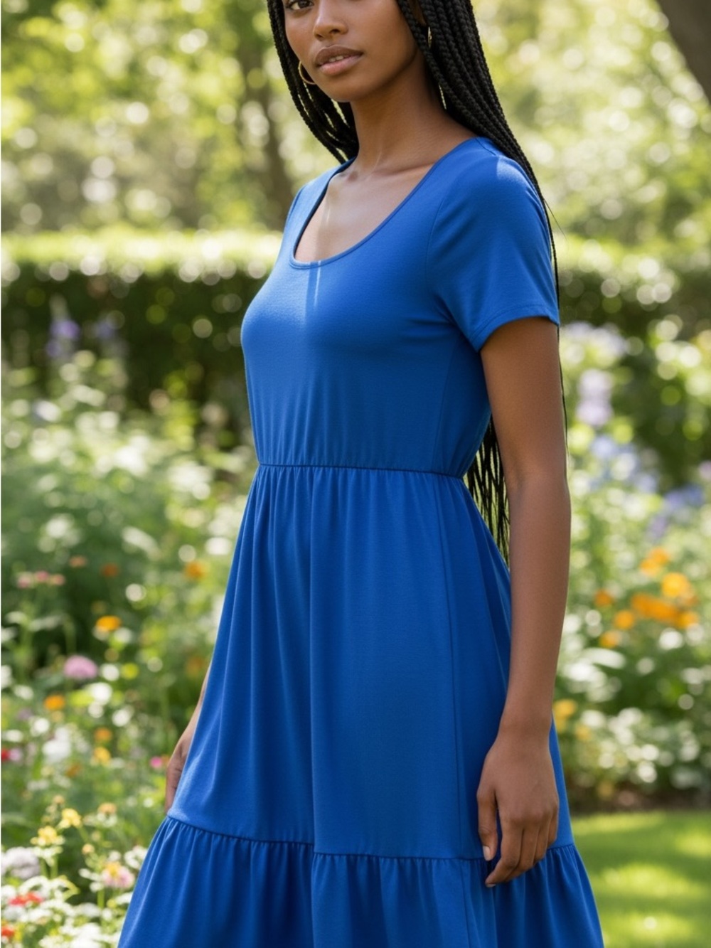 Blue Scoop Neck Short Sleeve Tiered Maxi Dress